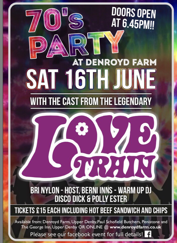 DenroydFarm's tweet photo. @BrutusGold  70s Love Train is heading to Huddersfield this summer! 
Don't miss out on tickets on sale from Friday 💜🚂

#lovetrain #holmfirthevents #barnsleyisbrill #hd8 #leedslovetrain 
#Huddersfield #partynights #70snight https://t.co/By3s48NNvO