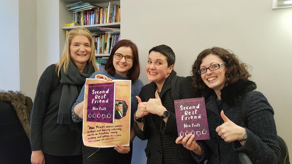 BarringtonStoke's tweet photo. Look who came to see us today. Congratulations and love and a big thumbs up to @NonPratt for the wonderful #secondbf being launched this week in Edinburgh. https://t.co/wLcYO5ETQZ