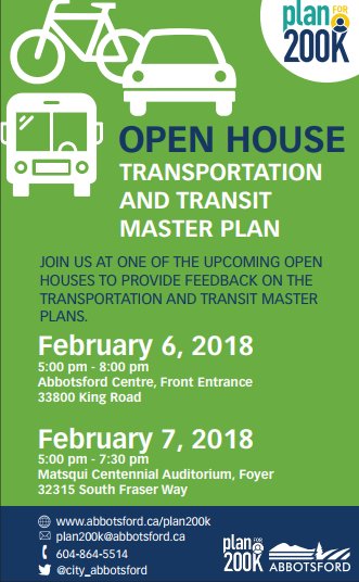 HenryBraun_'s tweet photo. Join us at 1 of the upcoming open houses to provide feedback on #Transportation + #Transit MasterPlans. https://t.co/DJImfIzKrR 
#Abbotsford https://t.co/HWZCA6bTzB