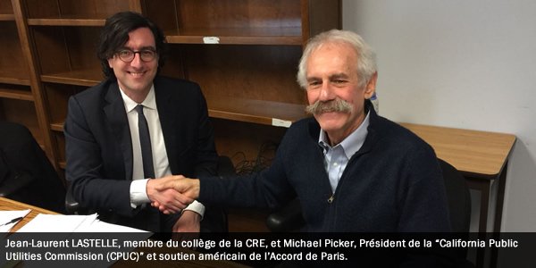 Discussion avec la <a href="/californiapuc/">California PUC</a> et Michael Picker, soutien américain de l’accord de Paris, très engagés dans les énergies renouvelables : 50% en 2030.
Échanges sur le développement du stockage, voitures électriques et accord de Paris.
#Prospective_CRE #MakeOurPlanetGreatAgain