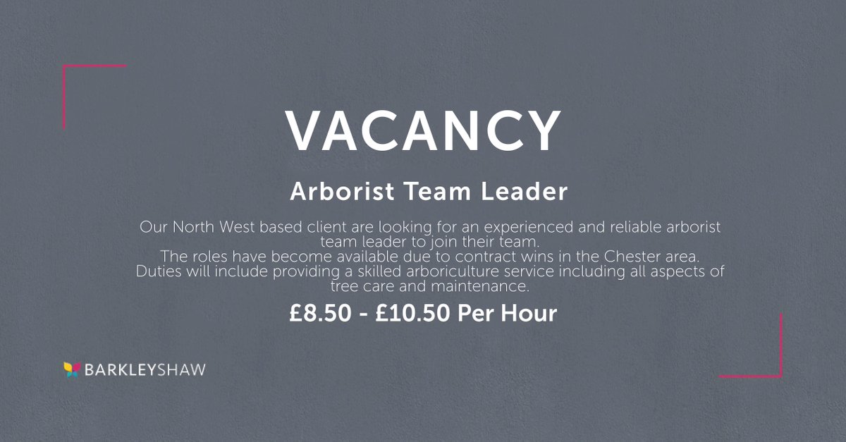 Our North West based client are looking for an experienced and reliable arborist team leader to join their team. If you're a self-motivated individual and think you have what it takes to be a great team leader then apply now: buff.ly/2E4Bbg7 #Vacancy #Chester