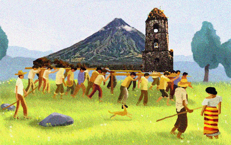 MarchingHere's tweet photo. "Bayanihan" is often represented visually as a group or community of people moving the house of one of its members from one place to another, but here is a rare photo of a community moving the Mayon Volcano from Albay to Naga in Cam Sur.

[SOURCE: Office of PCOO Asec. Mocha Uson] https://t.co/sVql0VphIq