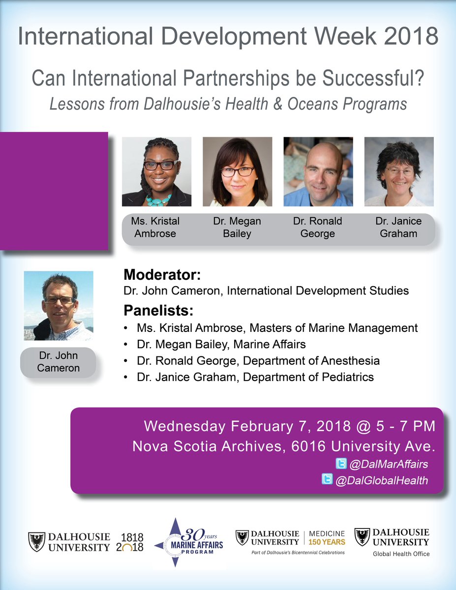 DalGlobalHealth's tweet photo. We have partnered with @DalMarAffairs to bring you one amazing panel discussion for Int'l Dev Wk 2018. Let's talk about partnerships - successes and challenges.  #IDW2018 #IDWAtlantic #QEScholars @QESDalhousie @ACIC @shawnaoh #DalProud #dal200 https://t.co/eNkdoLRfAH