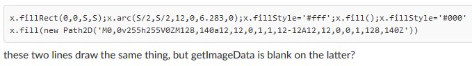 MaximeEuziere's tweet image. Today&apos;s #wtfjs lesson:
You can&apos;t read the pixels of a canvas where you draw things using path2D() and fill().