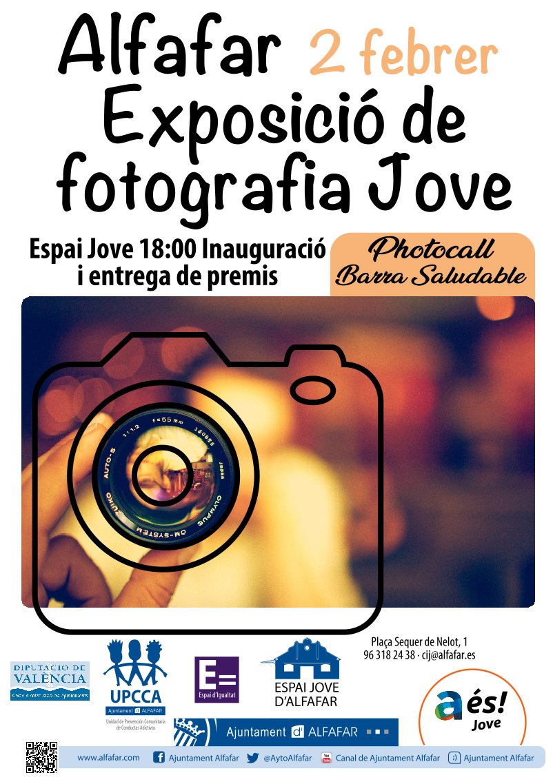 L'Ajuntament d'#Alfafar te invita a la inauguración de la Exposición de fotografía juvenil en hábitos saludables.

¡No te la puedes perder!
#AlfafarÉsFotografía 
#AlfafarÉsJove 
#AlfafarÉsPrevenció 
#AlfafarÉsIgualtat