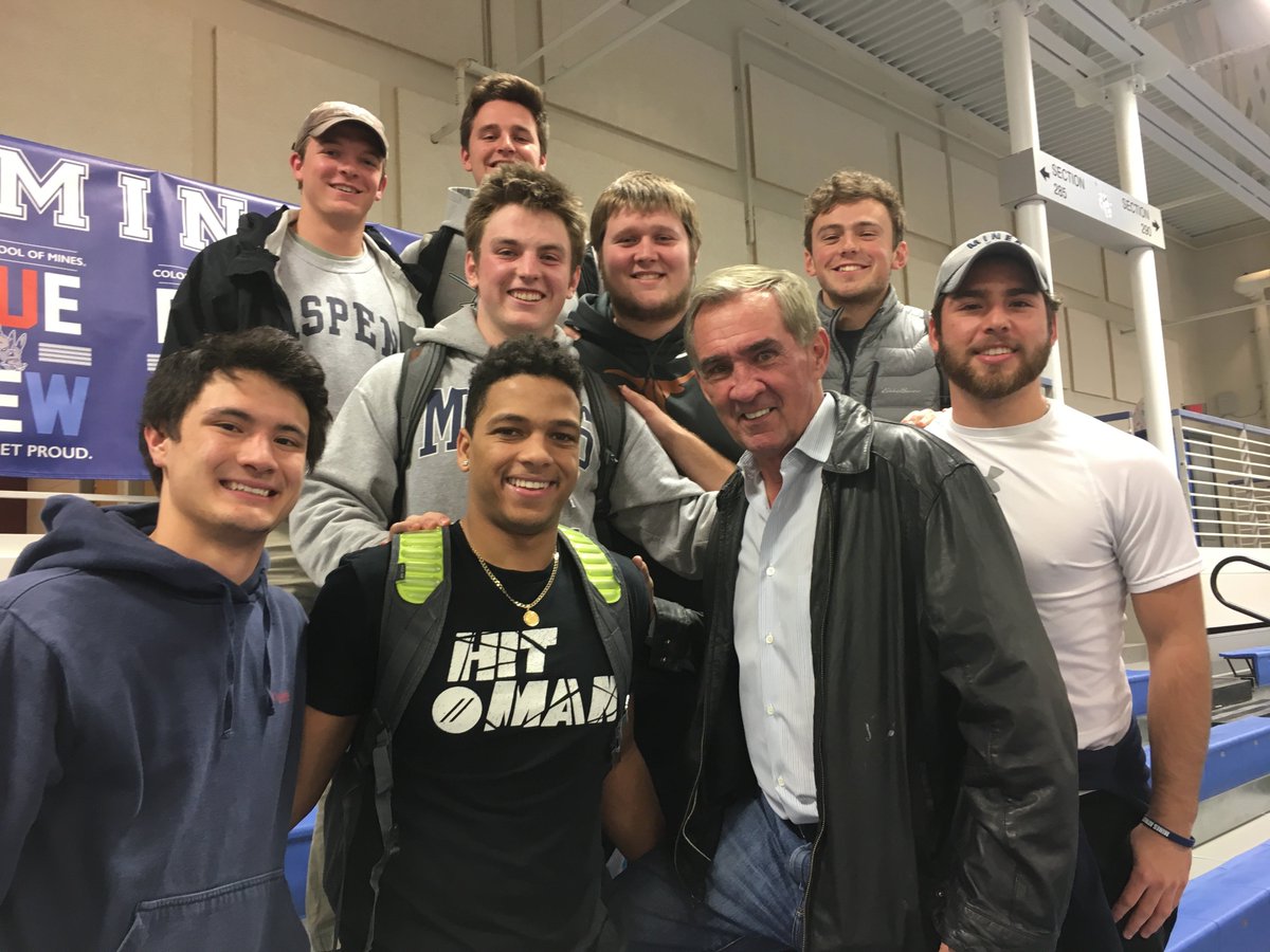 ILoveBlaster's tweet photo. Blaster says that you never know who will show up at @MinesAthletics events. Former #Broncos #HelluvaCoach &amp; #OrediggerFan Mike Shanahan in our student section last night helping us #RocktheLock for @minesmbb.  Always great to see him @coschoolofmines. https://t.co/l303hYOqAk