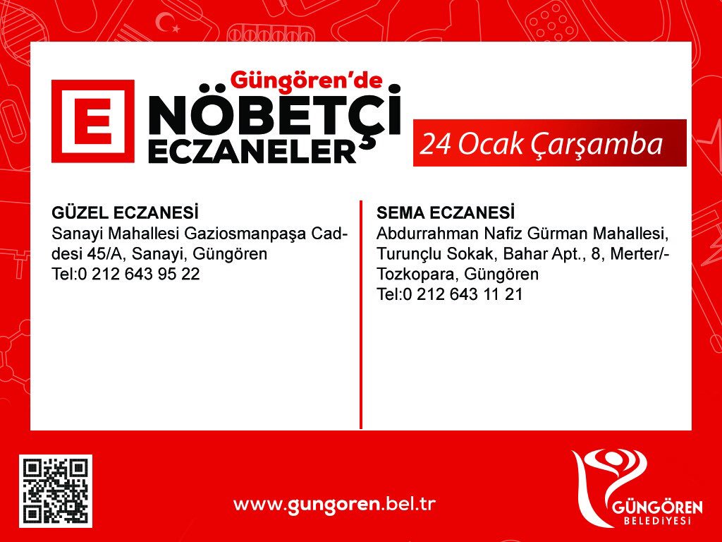 Bugün ilçemizde bulunan nöbetçi eczaneler. 

Sağlıklı günler dileriz.