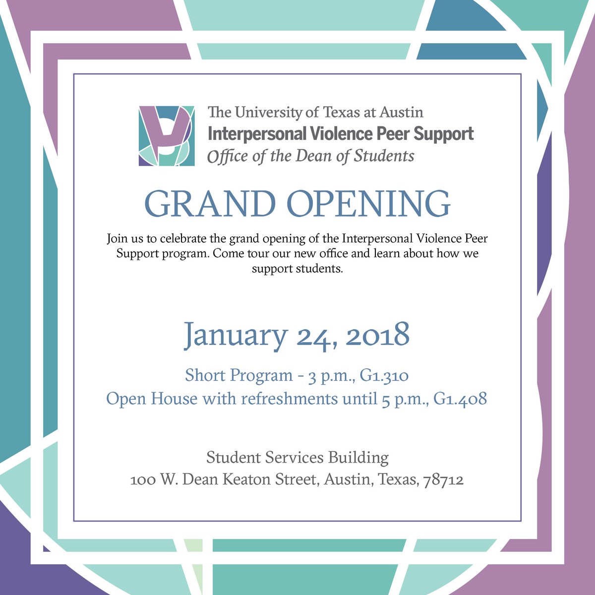 UTAustin's tweet image. .@utdos is now offering confidential, peer support to students who have been impacted by interpersonal violence. Check out the @UTIVPS program’s grand opening today at 3 p.m. in SSB G1.310.