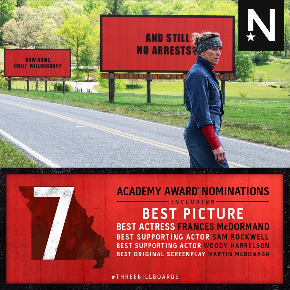 numetromenlyn's tweet photo. Let’s give a round of applause to the cast and crew of ‘Three Billboards Outside Ebbing, Missouri’ for bagging 7 Oscar nominations 👏👏👏.

Don’t miss out on this movie releasing at our cinemas 23 February.
https://t.co/IhiO9Ijd1M

#Oscars2018 https://t.co/l5ShzYsiph