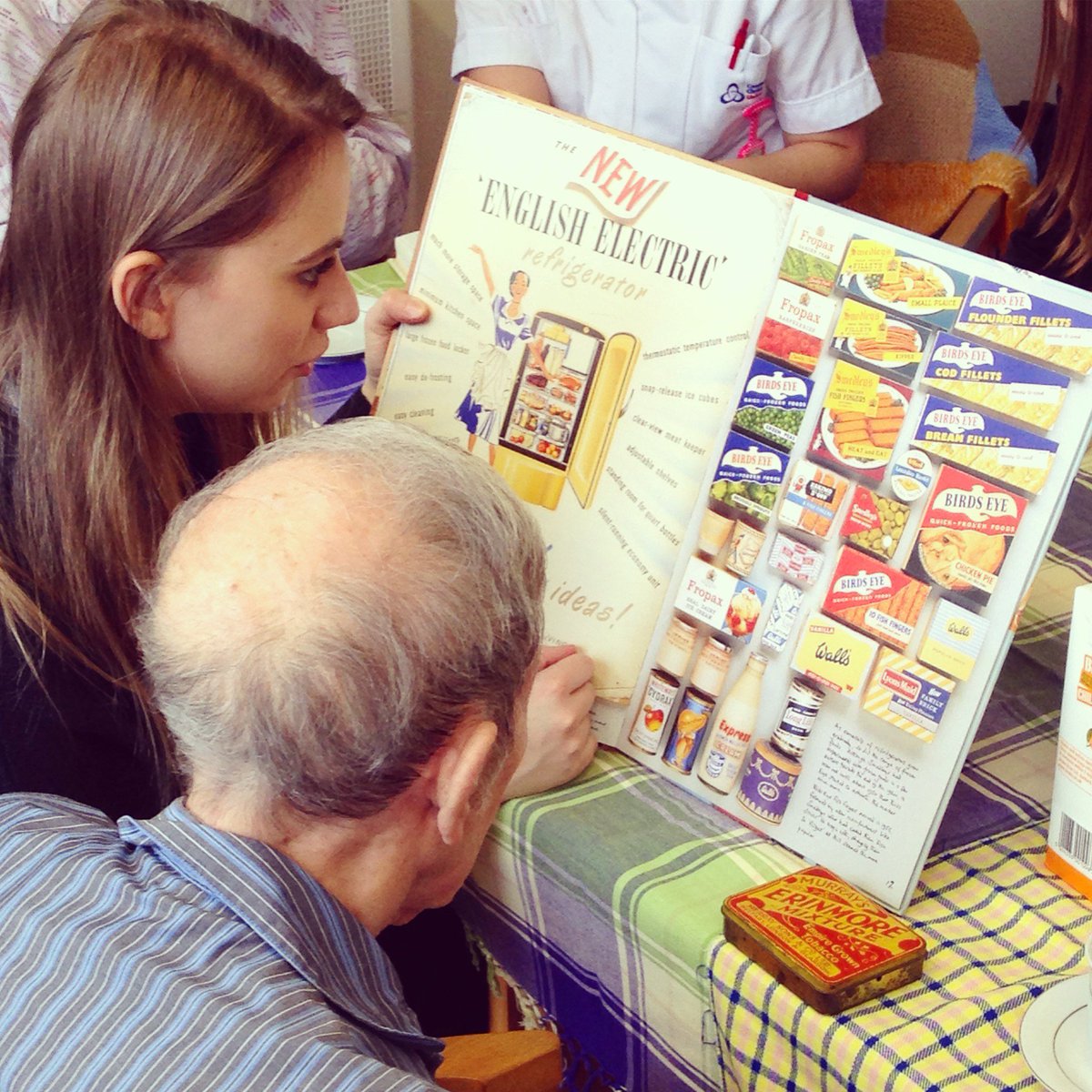 DementiaAppeal's tweet photo. Today we held a "Taster Day" for @CCCU_Volunteer students. They got to spend the morning engaging with elderly patients at the K&amp;C Hospital at a #MemoryLaneCafe. Big band music was playing, reminiscence materials were brought out and enjoyed over tea &amp; biscuits. #DementiaAppeal https://t.co/evJO5p3G1e