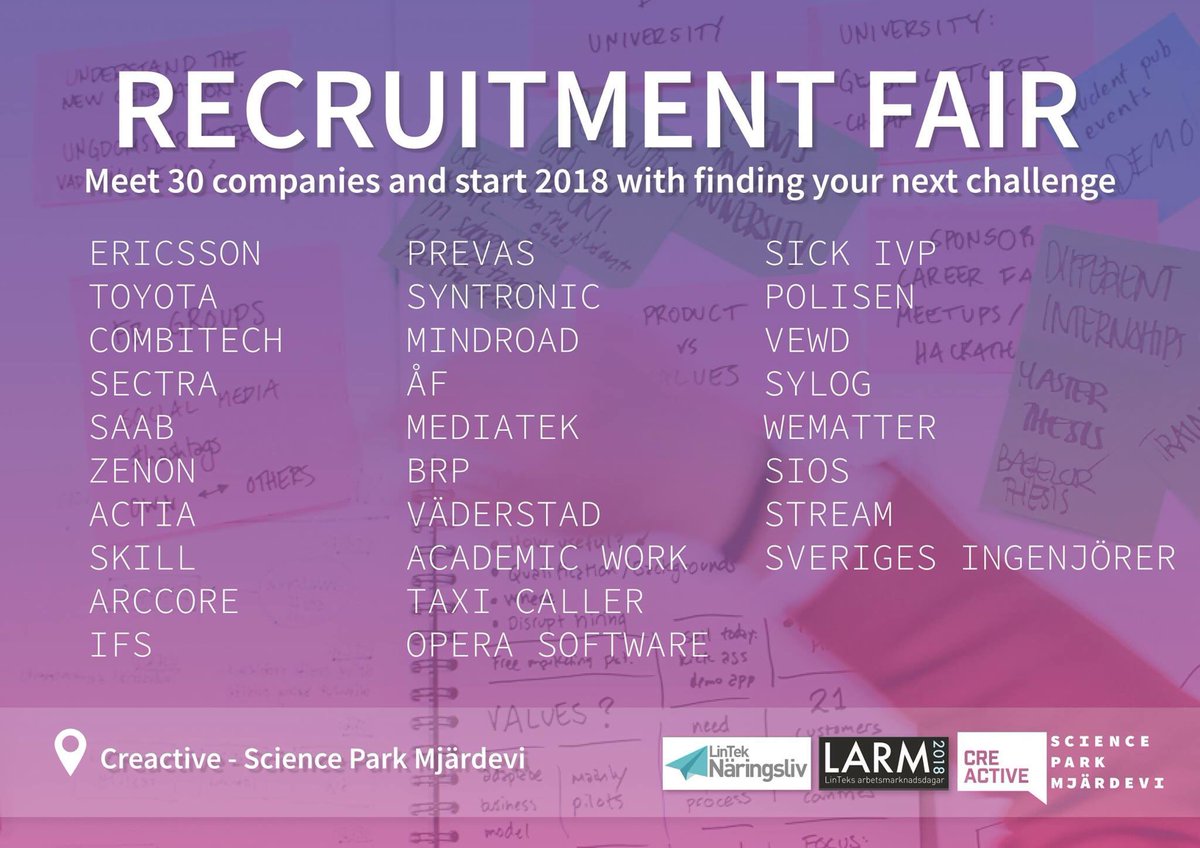 Join in on tomorrows Recruitment Fair at <a href="/creactive_msp/">creActive Mjärdevi</a> - here are all exhibitors #mjardevi <a href="/LinTek_LiU/">LinTek Studentkåren</a> #linköping