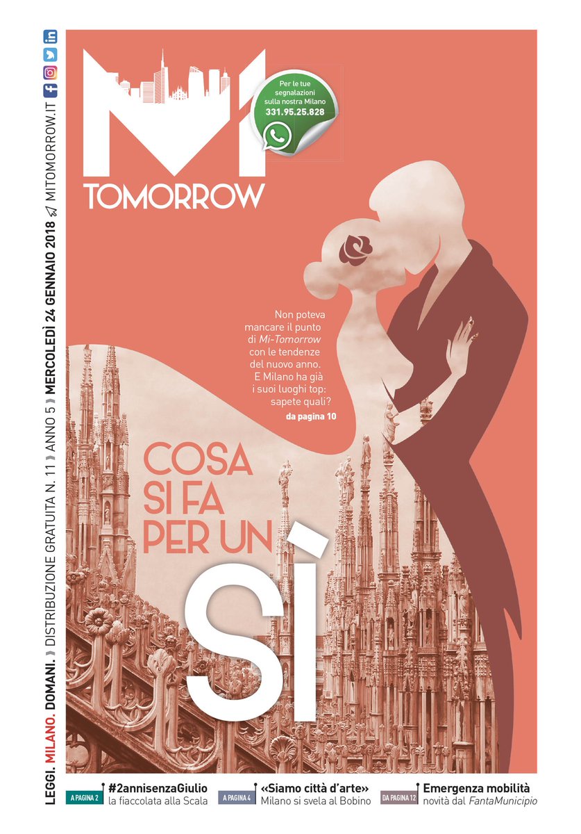 "Sì" all'eleganza! Su #MiTomorrow le tendenze del 2018 per chi si sposa a #Milano con le interviste a Enzo Miccio e Anna Chiatto. In copertina la fiaccolata per #GiulioRegeni, lo spettacolo "Io sono Milano" al Bobino Club Milano con <a href="/Milanodavedere/">Milano da vedere</a>: goo.gl/7psNvF
