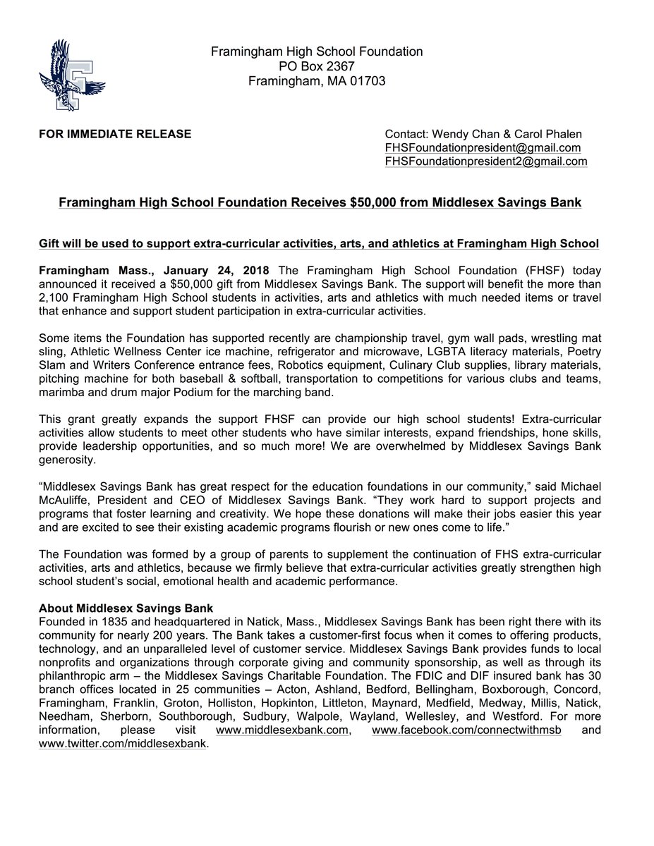 Thank you Middlesex Savings Bank for your very generous gift to the FHS Foundation! <a href="/middlesexbank/">Middlesex Savings Bank</a> <a href="/PrincipalBanach/">Mrs. Banach</a>