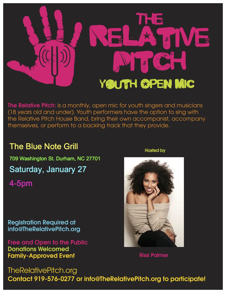TheRelativePitc's tweet photo. This Saturday, please join us @Bluenotegrill in Durham from 4-5pm for The Relative Pitch Youth Open Mic!!!  Sign up for a performance spot at https://t.co/GUq8TOWCrM https://t.co/AAZndglNvP