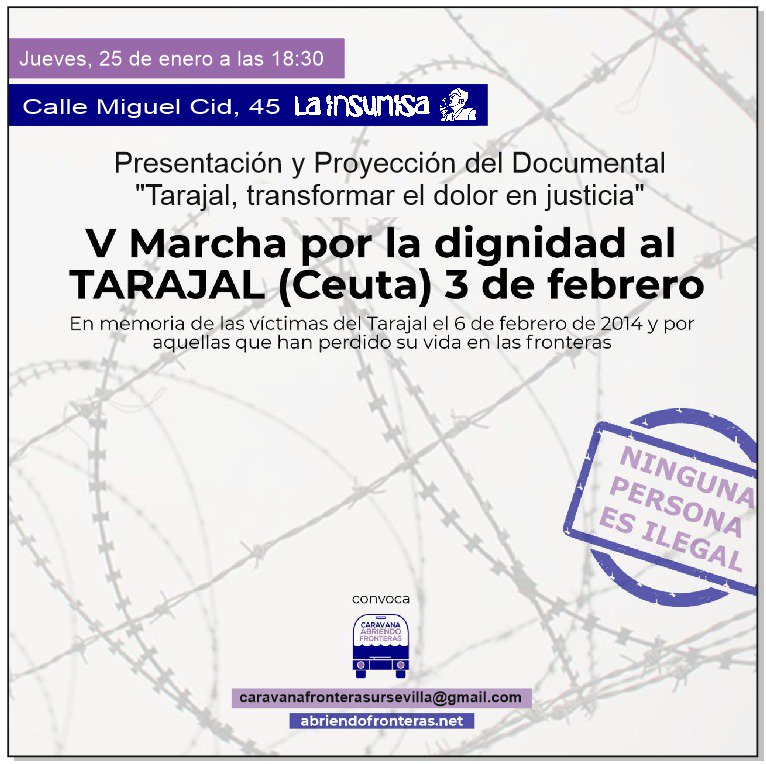 📣 Mañana jueves 25 de enero en #SevillaHoy tendremos oportunidad de ver el magnifico documental "Tarajal, transformar el dolor en justicia" organizado por @caravanagrecia #AbriendoFronteras Ven, participa, difunde!