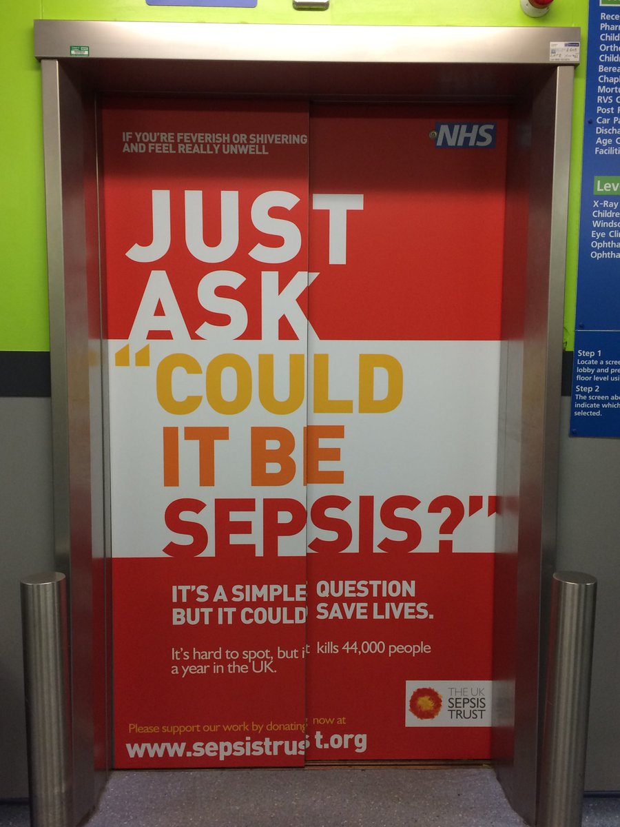 Leic_hospital's tweet photo. Just ask "Could it be #sepsis?" now featuring on our new lift vinyls @UKSepsisTrust across our hospitals #spotthesigns #savelives https://t.co/hpdxz8bNeU