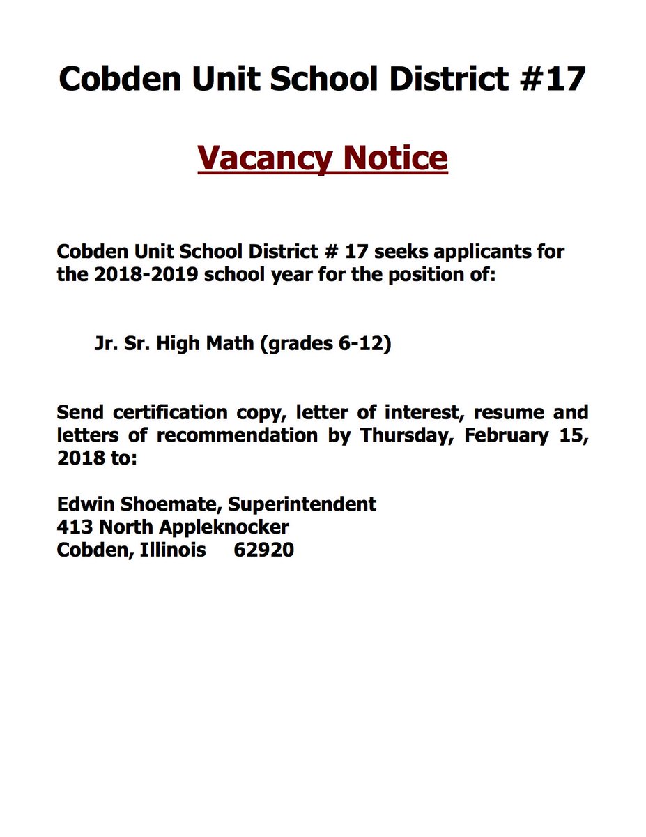 cobden_high's tweet photo. Vacancy: 
Cobden Jr-Sr High School is looking for a math teacher for the 2018-19 school year. Cobden is a pretty fantastic district with great students, faculty &amp; staff and parents. Join our team! https://t.co/5nkmpwMIAg