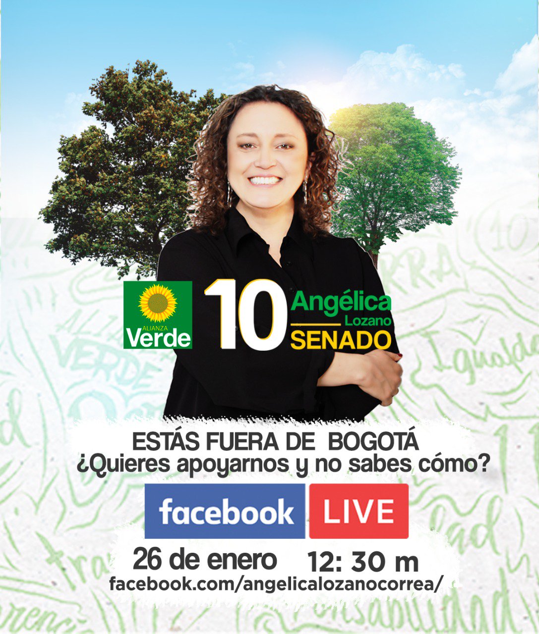 Angélica Lozano Correa ar Twitter: "Si estás fuera de Bogotá y quieres sumarte a la campaña, nos vemos este viernes 26 de enero a las 12:30 p.m. en FacebookLive. https://t.co/XQAAfJxIhY" / Twitter