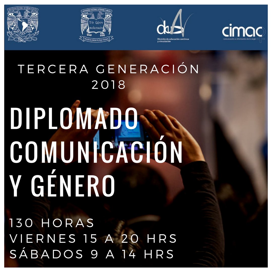 prensacimac's tweet photo. Última semana de incripciones
Sé parte de la 3a generación del Diplomado Comunicación y Género UNAM-CIMAC
Costo: 10,000 *descuento a estudiantes y comunidad #UNAM
Arranca: 16 de febrero de 2018
diplo.comunicacionygenero@gmail.com

@UNAM_MX @CIEGUNAM  @ceiich_unam @uamx @_UACM https://t.co/MvZ76EX360