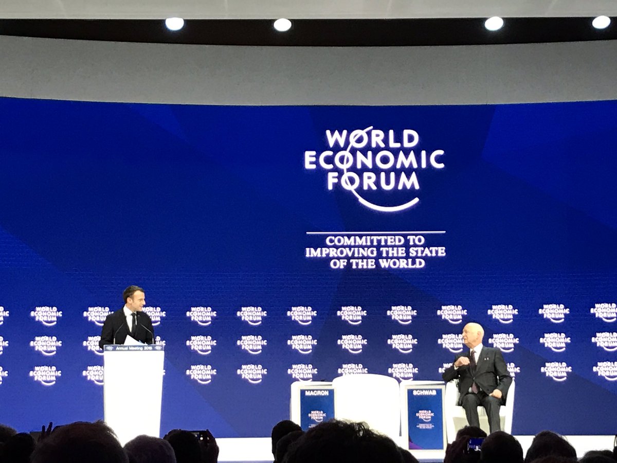 KoberChristoph's tweet photo. "You're symbol of policy to embrace change, make use of opportunities" #WEF18's Klaus Schwab says 2 @EmmanuelMacron https://t.co/aEdapmfLid