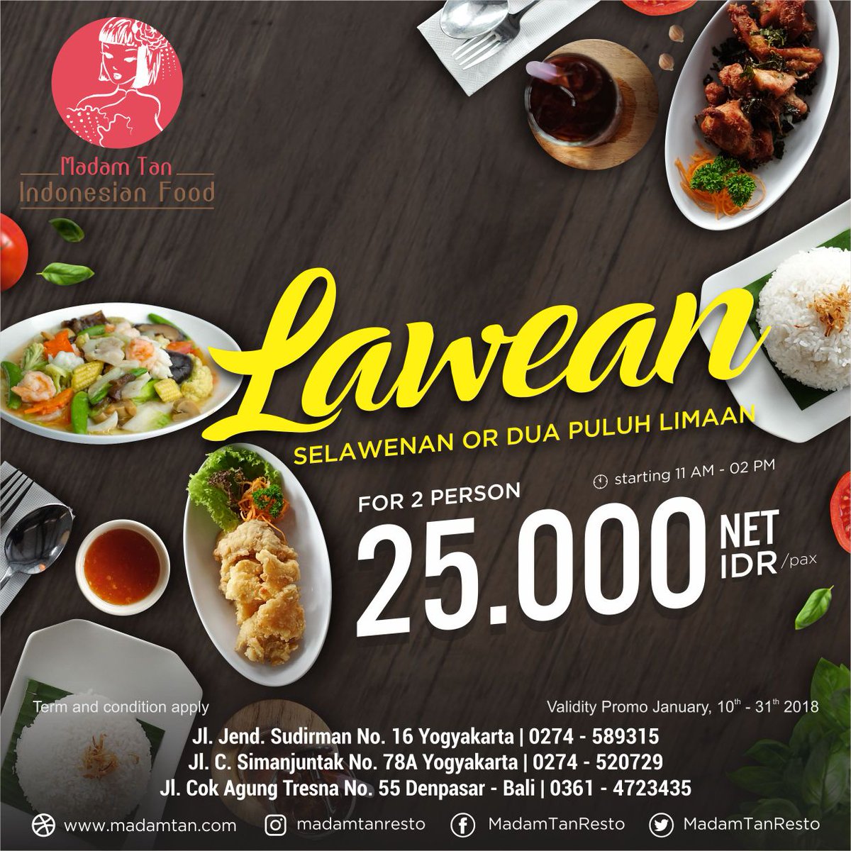 MadamTanResto's tweet photo. LAWEAN, menu paket makan siang di Madam Tan Indonesian Food untuk 2 orang Cuma 25k NETT per orangnya
#madamtanbali #madamtanindonesianfood #madamtantugu #madamtansimanjuntak #foodpromo #jogjakuliner #balifoodpromo #bali #jogjakarta https://t.co/3BI9ESWhSU