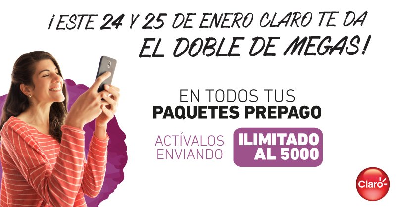 ClaroEcua's tweet photo. Este 24 y 25 de enero recibirás el DOBLE DE MEGAS en todos tus paquetes prepago. Actívalos enviando ILIMITADO AL 5000 o desde Mi Claro App  👉 https://t.co/KF7Wpxot6v https://t.co/UF5tKibFV2