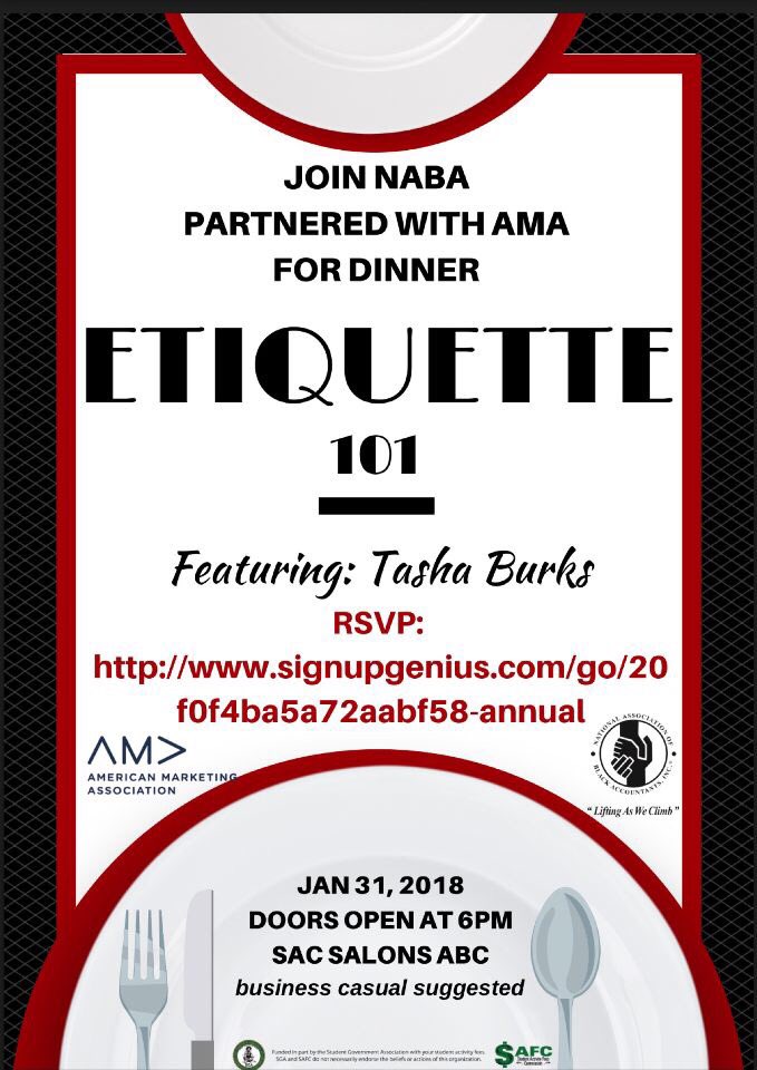 Jordan17OC4's tweet photo. Our Annual Etiquette Dinner is here again! This time with a twist! This year we have partnered with AMA @ama_uncc &amp; Tasha Burks from GO Hire University! Everything is free, the food &amp; the knowledge! RSVP in the link in our bio! https://t.co/LxQpR4wqj1