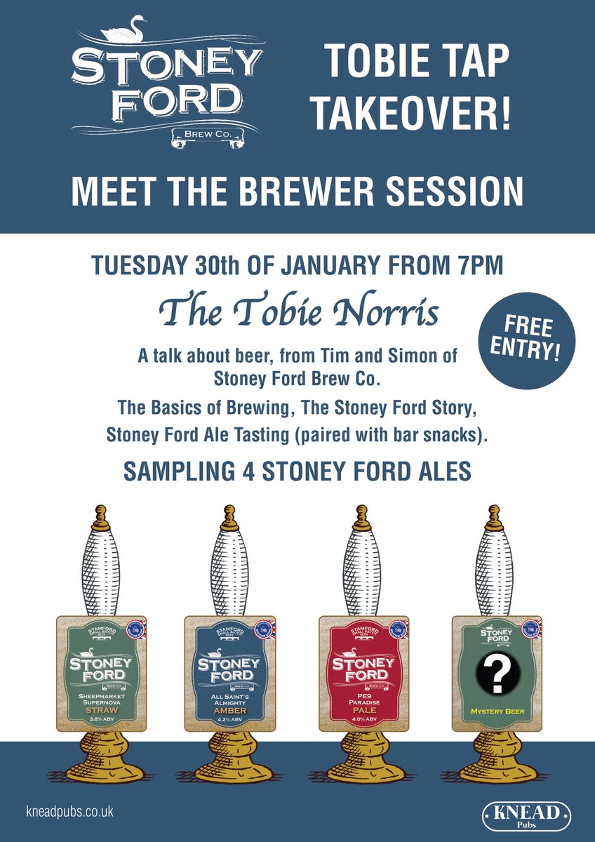 Did you know there is a couple of chaps in Ryhall that brew fantastic beer. 
There is an opportunity to come in to the Tobie next Tuesday and try some.
 Learn about the history and how they brew this great range of beers. 🍺🍺🍺🍺#Tryanuary #beernews
<a href="/StoneyfordBrew/">Stoney Ford Brew Co</a>