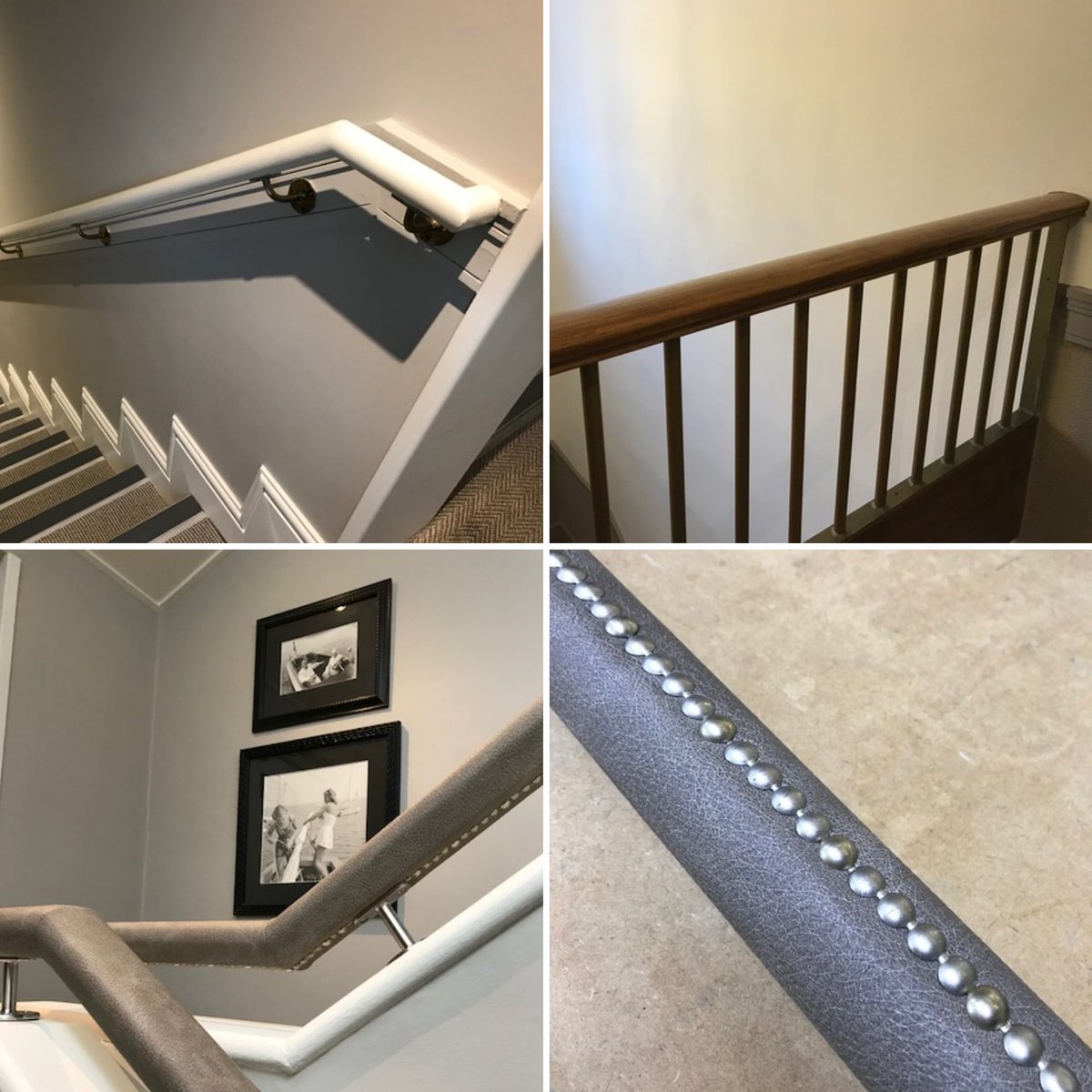 Before/after shots of handrails we upholstered for <a href="/DartMarina/">Dart Marina Hotel</a> - a <a href="/SekersFabrics/">Sekers Fabrics</a> Vinyl was used to update the look, with new brushed chrome stud detailing &amp; wall brackets. It's all looking rather fresh &amp; stylish! #upholstery #detail #handrails #interiors #dartmouth