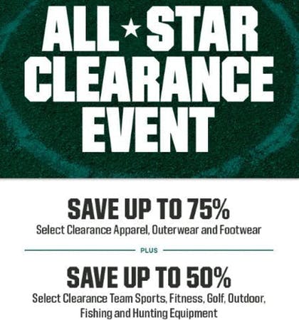 Don't miss on this sale! Shop Dick's Sporting Goods and take up to 75% off select clearance apparel, outerwear and footwear plus take up to 50% off select clearance team sports, fitness, golf, outdoor, fishing and hunting.  Some exclusions apply, see store for details.