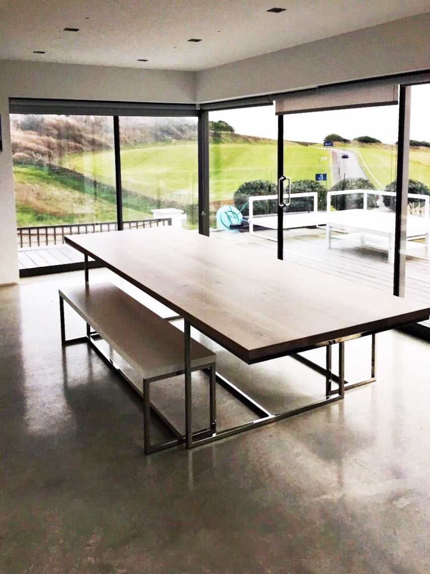 InglisHall's tweet image. A #bespoketable created in response to our clients needs and of course to the spectacular sea view from their dining room. Mirror-polished stainless steel frame with a 3m #oak table top.