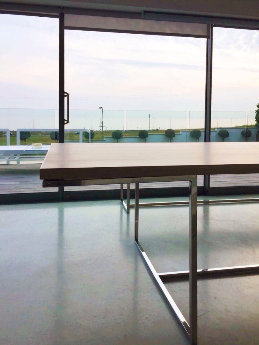 InglisHall's tweet image. A #bespoketable created in response to our clients needs and of course to the spectacular sea view from their dining room. Mirror-polished stainless steel frame with a 3m #oak table top.