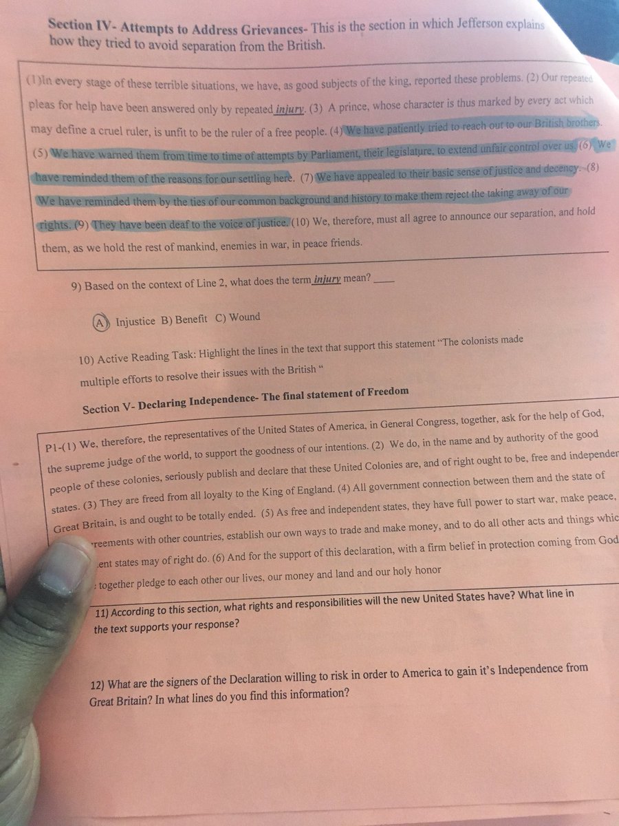 baba_olumiji's tweet photo. Currently in SS Class 801 is #engaged in a #closereading of the #DeclarationofIndependence by playing the #textdependent game Move’Em the tiered reading of the Declaration by @Newsela has been an awesome resource to get Ss to access the document today 🙌🏾🙌🏾🙌🏾 https://t.co/yeFSWKft3W