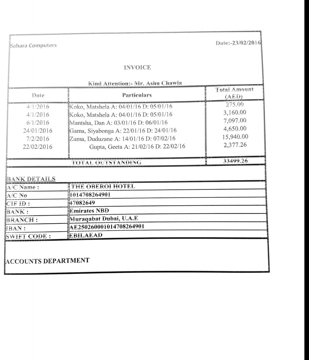 OUTASA's tweet photo. For those wanting proof that #Guptas paid #MatshelaKoko's Oberoi stay and not only reserved the room, below is a letter reminding them that they are in arrears with payment. Note names of other guests #DanMantsha (CEO #Denel) and #SiyabongaGama (CEO #Transnet) @AnnikaLarsen1 https://t.co/35djUBzVRO