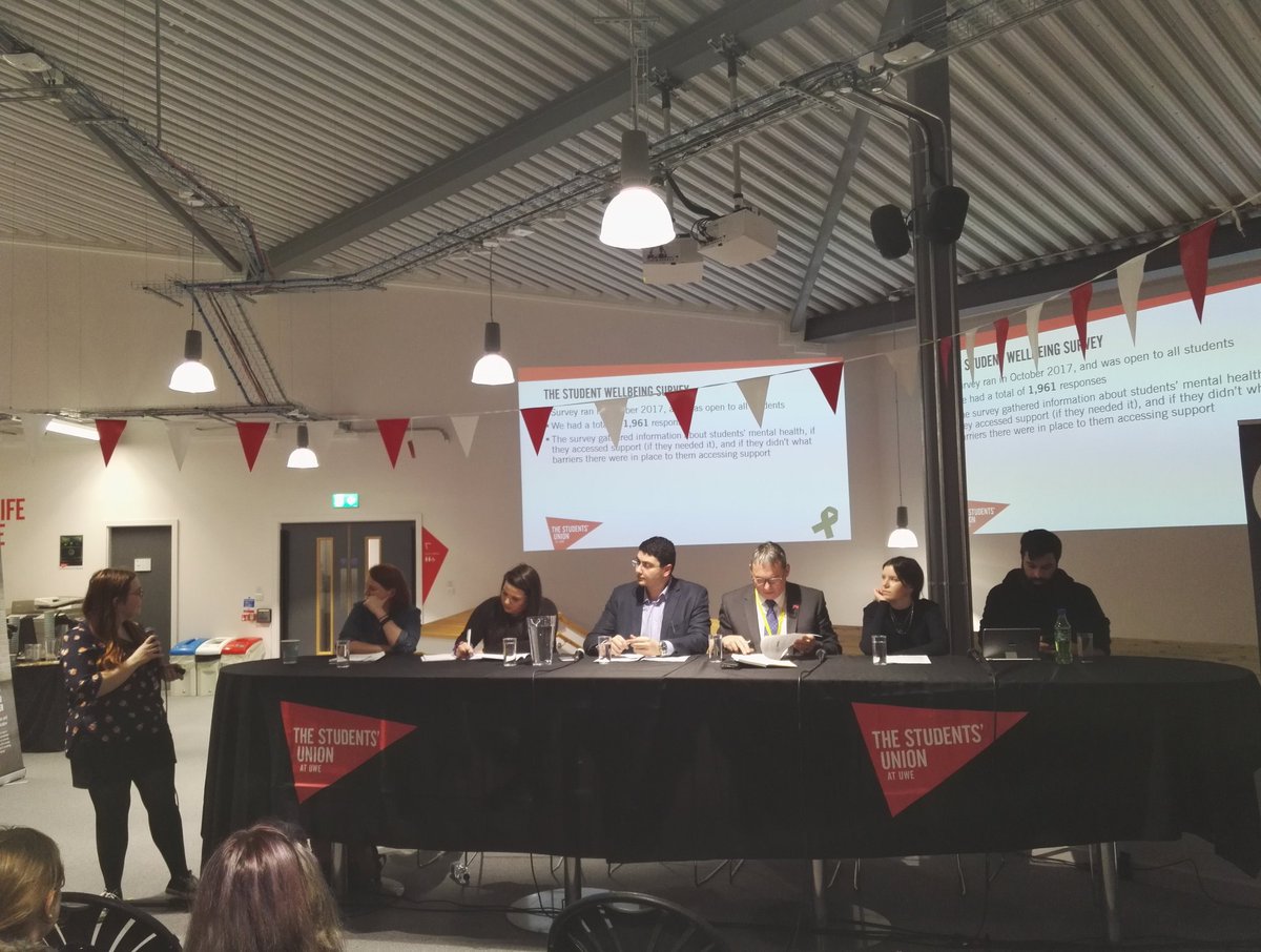 TheSUatUWE's tweet photo. "Is there a student mental health crisis?" Discussion being held in The Students' Union now. Thank you to all of our guest speakers on the panel this evening @UWEBristol @UWENightline @otrbristol @nusuk https://t.co/cJUFAbYmyF