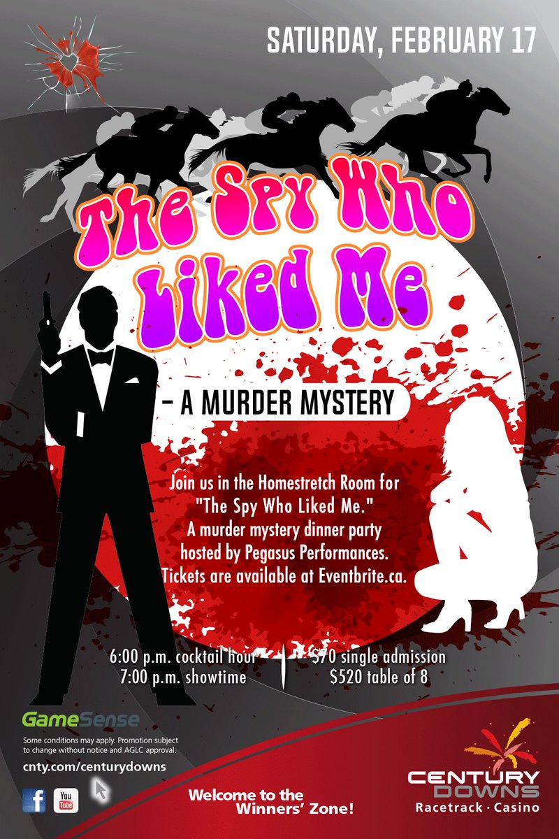 CenturyDowns's tweet photo. Join us while we welcome back @PegasusPerforms   for The Spy Who Liked Me: A Murder Mystery. Tickets are available now! https://t.co/TDacbL8vzq https://t.co/grGW8zwkKX