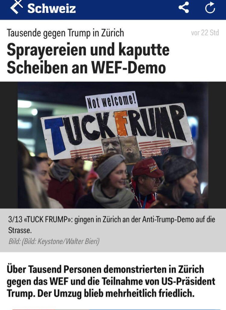 harrisonnida's tweet photo. #Zurich gets it!! #tuckfrump sign at the protest against @realDonaldTrump going to the #WorldEconomicForum in #Switzerland!!! #TrumpShutdown #WEF18 #WEF2018 we named the song from the inspiration we gained from the rallies we go to!! ✊ https://t.co/sAAI4tkLUA