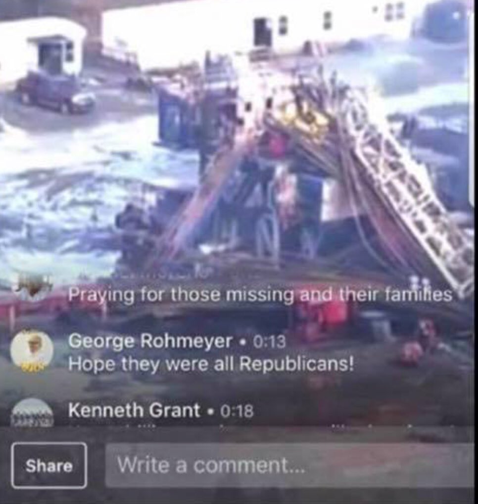 rissawagoner22's tweet photo. Patterson Rig 219 had a tragic accident which ended with 5 deaths. @george_rohmeyer hoped that those innocent lives lost were all republican. You sir, are a piece of shit. People lost loved ones and children lost fathers. #patterson219 #Republicans #WeStandTogether https://t.co/cULPCAwn31