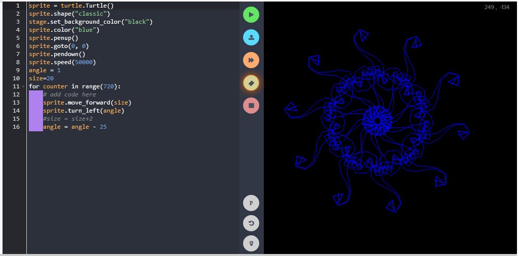 My student Patrick created this project to complete the unit on drawing spirals with code. @TeamEdhesive {searchTerms}