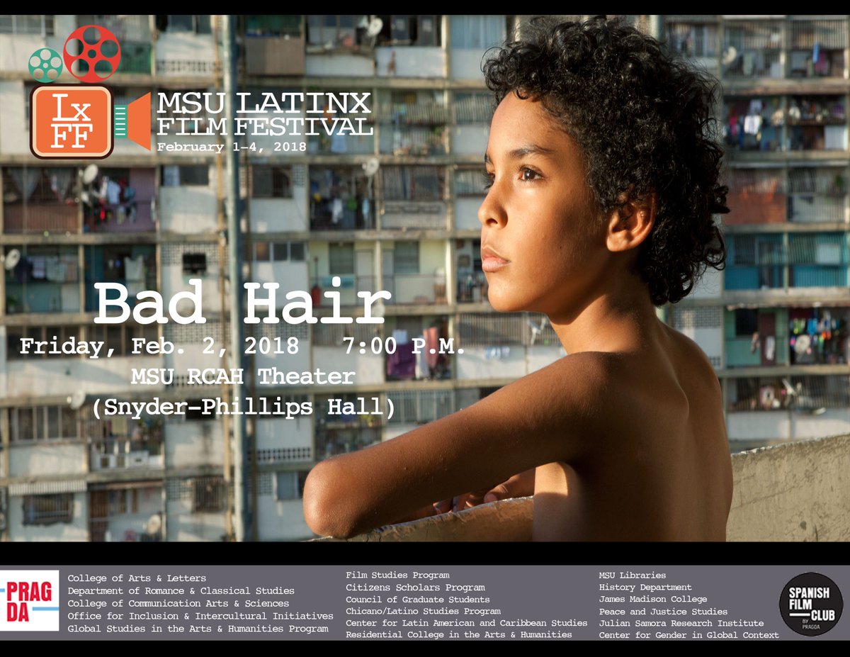 MSULxFF's tweet photo. @CALMSU Come to the "Bad Hair" discussion panel with Yomaira Figueroa, Danny Méndez (Romance and Classical Studies), Jeff Wray (Film Studies), and Tama Hamilton-Wray (Residential College in the Arts and Humanities). #MSU #MSULXFF #FilmFestival #LatinAmericanFilm #VenezuelanMovie https://t.co/XDYE416bBo
