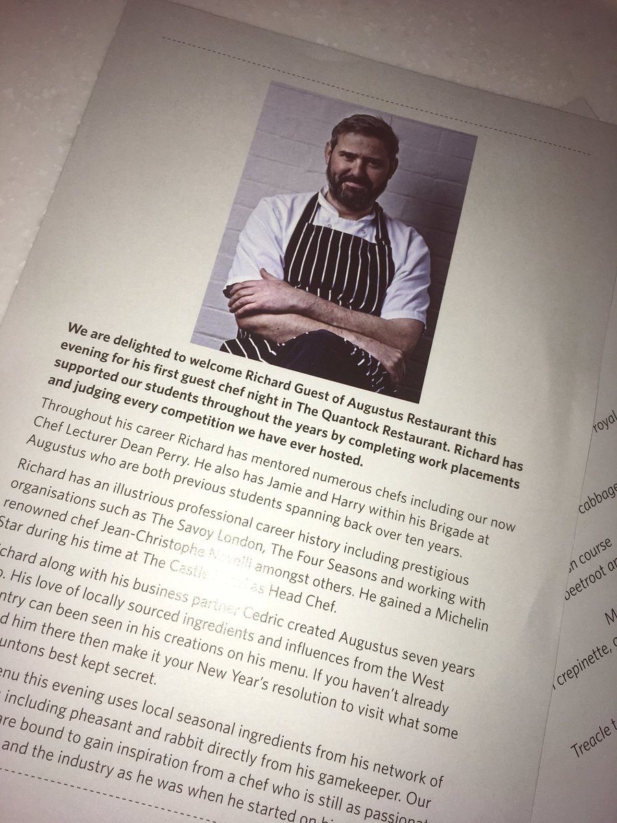 Cannot wait to welcome Richard <a href="/Augustustaunton/">Augustus  restaurant</a> to @QuantockBTC in the morning for his first guest chef night with us! @Bridgwater_Coll