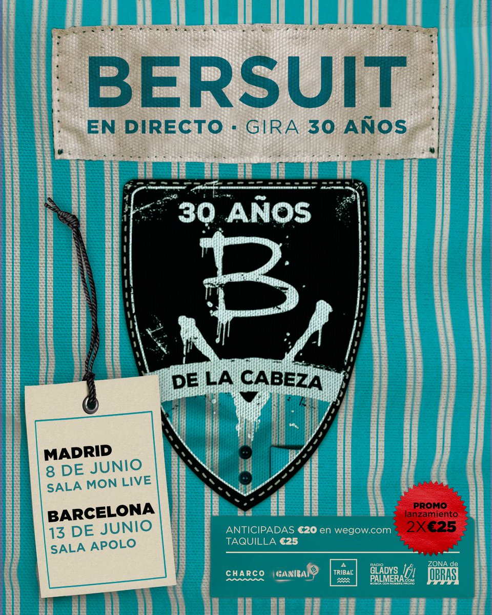 Festejamos #30añosDeLaCabeza

Agendá la fecha de tu ciudad y sumate a la Gira Mundial 30 años 🤘 el 8 de junio en Madrid - Sala Moon Live y el 13 de junio en Barcelona - Sala Apolo.

#Bersuit30años #30AñosDeLaCabeza #GiraMundial30años