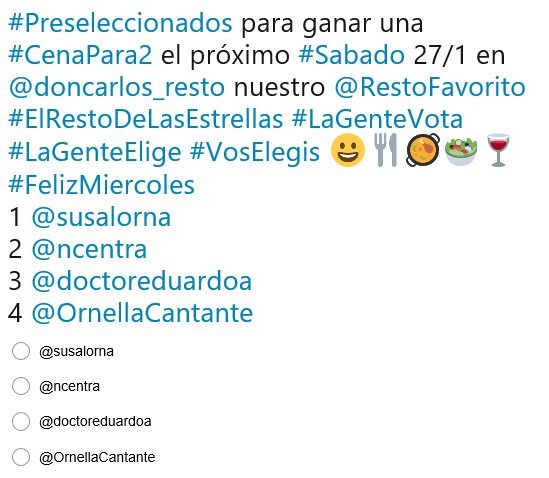 JulioDeAlmagro's tweet photo. #Preseleccionados para ganar una #CenaPara2 el próximo #Sabado 27/1 en @doncarlos_resto nuestro @RestoFavorito #ElRestoDeLasEstrellas #LaGenteVota #LaGenteElige #VosElegis 😀🍴🥘🥗🍷
#Votalos acá! -> https://t.co/0lR3Co00pr #VotoAVoto https://t.co/rhyGYU0e7n