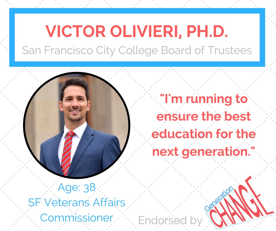 GenChangeCA's tweet photo. We're proud to endorse @VicOlivieriSF, Ph.D. for City College of San Francisco Board of Trustees! Victor is an immigrant &amp; first-gen college student. He is an Army Officer, educator, non-profit director &amp; City Commissioner for Veterans Affairs. Learn more: https://t.co/9IDcPaXqE4 https://t.co/c81bLwU7WT