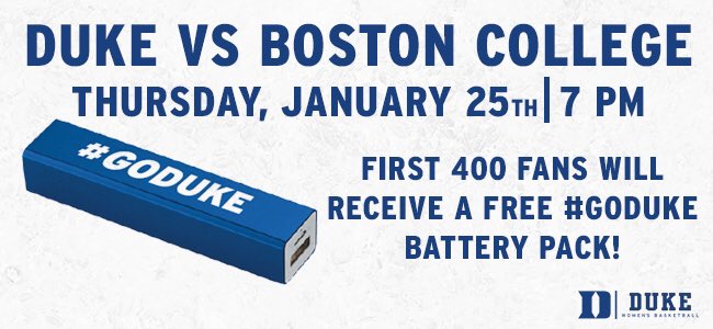 TheInfernoDuke's tweet photo. Tomorrow at 7pm, our #18 Duke Women's Basketball team is taking on Boston College in Cameron. The first 400 students will receive part one of the "K-Ville Survival Kit": a #GoDuke battery pack! Come charge your phones and cheer on the Blue Devils! https://t.co/Gf927FWj0l