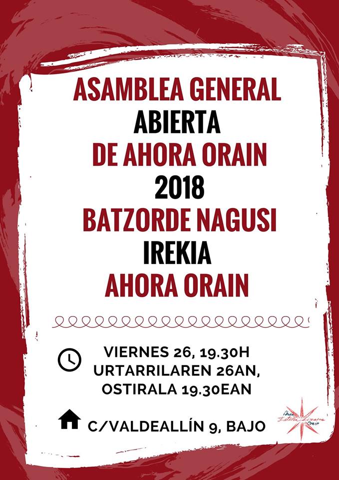 AhoraOrain's tweet photo. Asamblea de Ahora Orain Estella Lizarra. Es  una asamblea ABIERTA para toda la gente que queráis acompañarnos.  Haremos balance de lo vivido hasta ahora y encararemos el futuro  trazando las líneas estratégicas ideológicas, políticas y sociales de  AHORA ORAIN. https://t.co/xpHOEIZfiJ