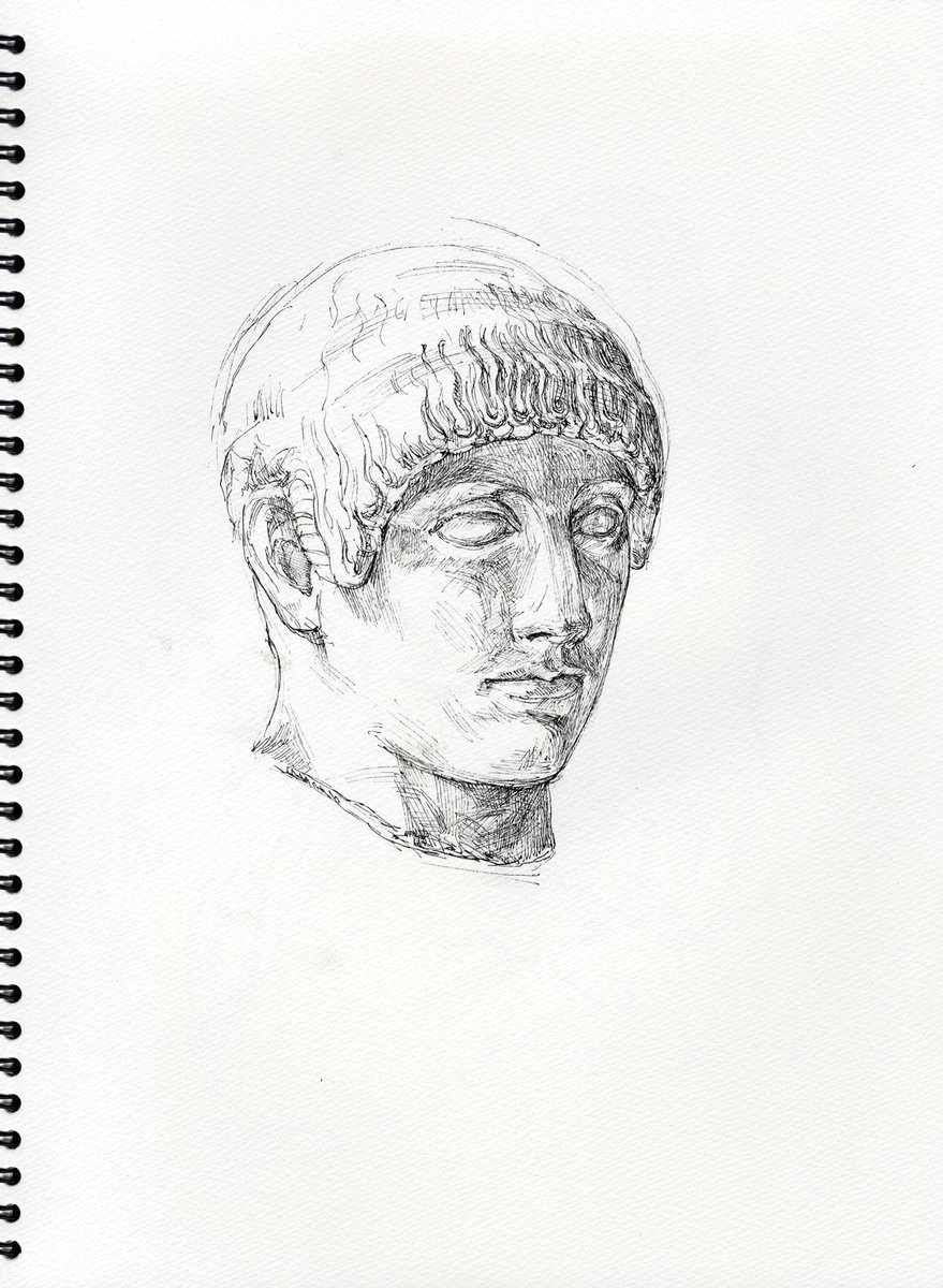 アテネの現地スケッチその2。『アーモンド型ないしスフィンクス型の瞳のコレー(前500)』、『アンティキテラの青年(前340-330)』、『エウティディコスのコレー(前480)』、『ブロンドの少年(前490-480)』 