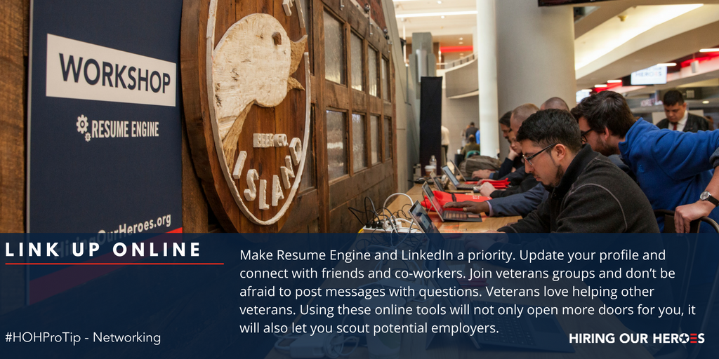 hiringourheroes's tweet photo. Link up online. Update your #ResumeEngine and #LinkedIn profiles regularly and connect with friends and co-workers. #HOHProTip #Networking https://t.co/oFBKhAGAVr