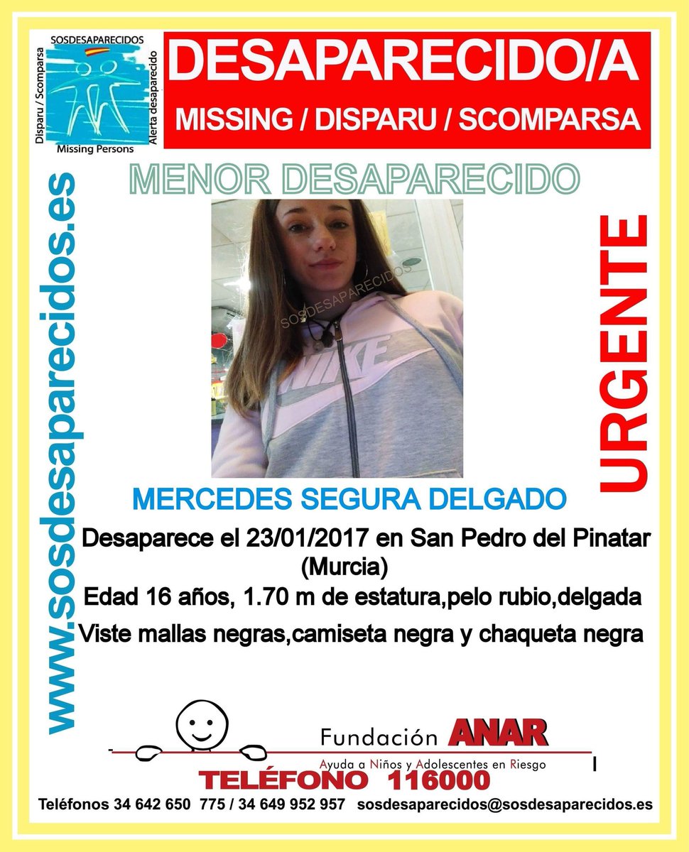 🆘#MUYURGENTE⚠
 Mercedes es una #menor que ha #desaparecido en San Pedro del Pinatar #Murcia
 Si la ves llámanos
☎062
☎112
Tu RT es muy  importante y no cuesta nada

(NOTA.-La desaparición sucede el 23-1-2018)