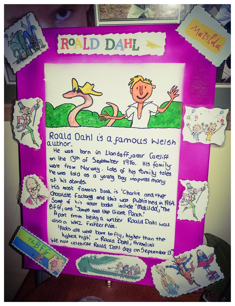 kaz1505's tweet photo. @CHCSLanguages @CefnHengoed
She's on fire mind🔥🔥🔥

Here's her English poster for her Welsh hero. #RoaldDahl

She did say earlier mind, she'll be 'Glad to have a break from all the Eisteddfod stuff'😂

Loving the fact I was 'rewarded' too 😍💜😁

#TreatsForMam #ShePaid ✔👍😍 https://t.co/dKgEx5w7Xz